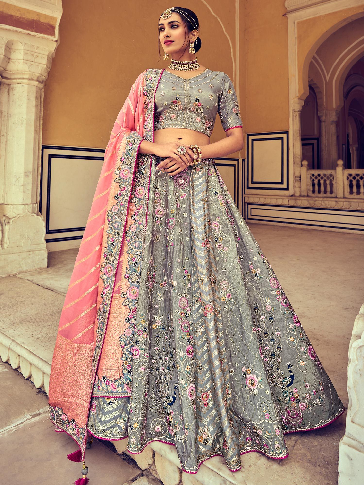 Buy VM TEJANI Women Grey, Pink Self Design Net Lehenga Choli Set With  Dupatta Online at Best Prices in India - JioMart.