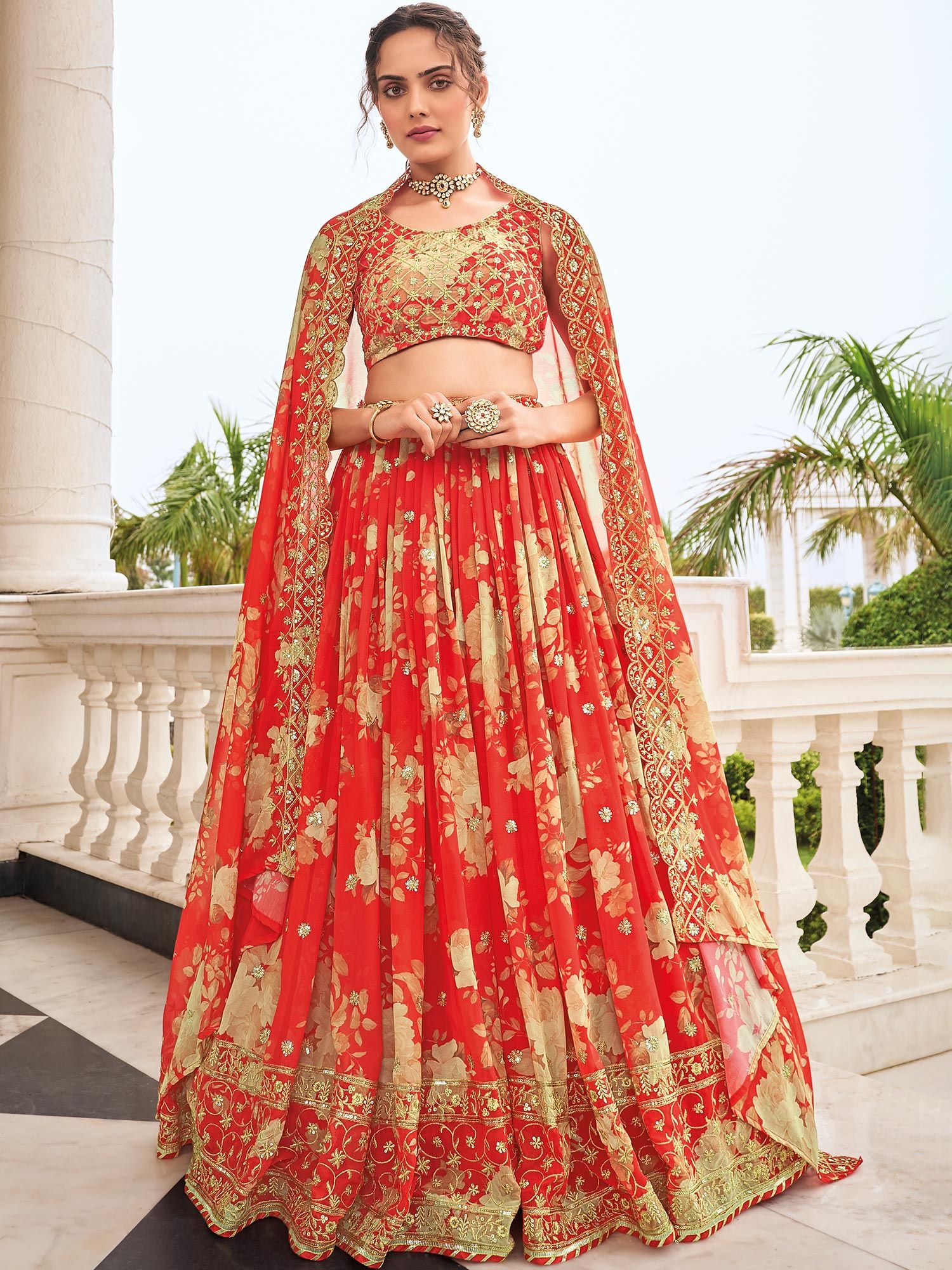 Cream and Golden Silk Floral Embroidered and Gota Work Lehenga with...
