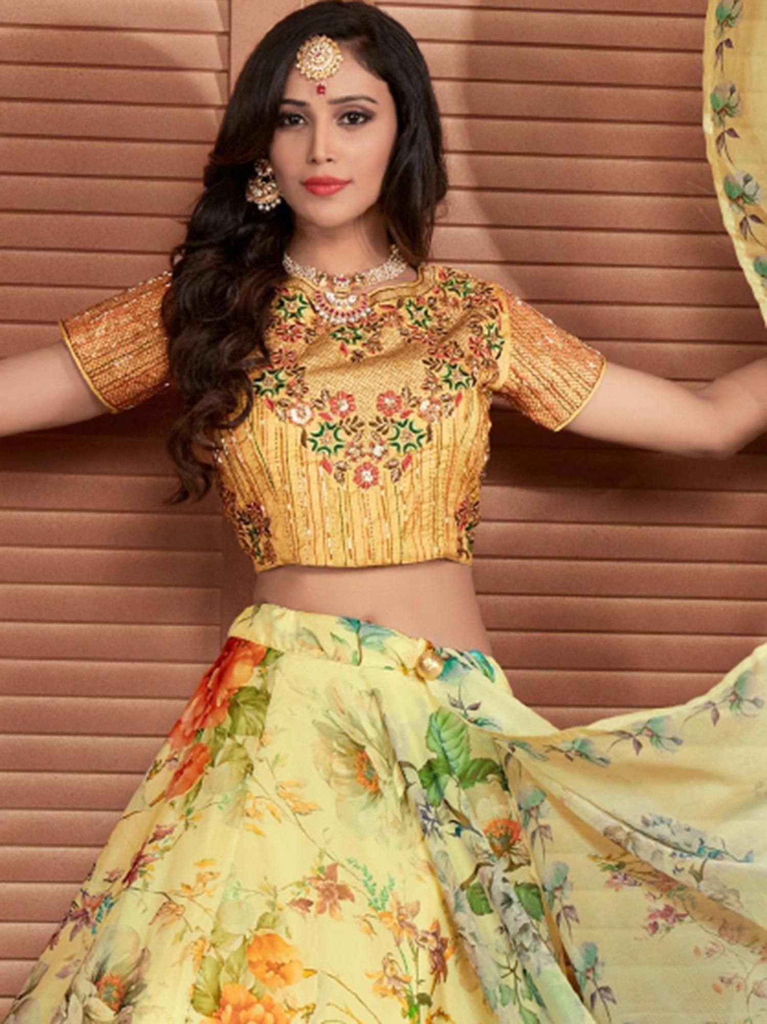 Yellow floral printed crop top and lehenga with dupatta - Set Of Three by  Alaya