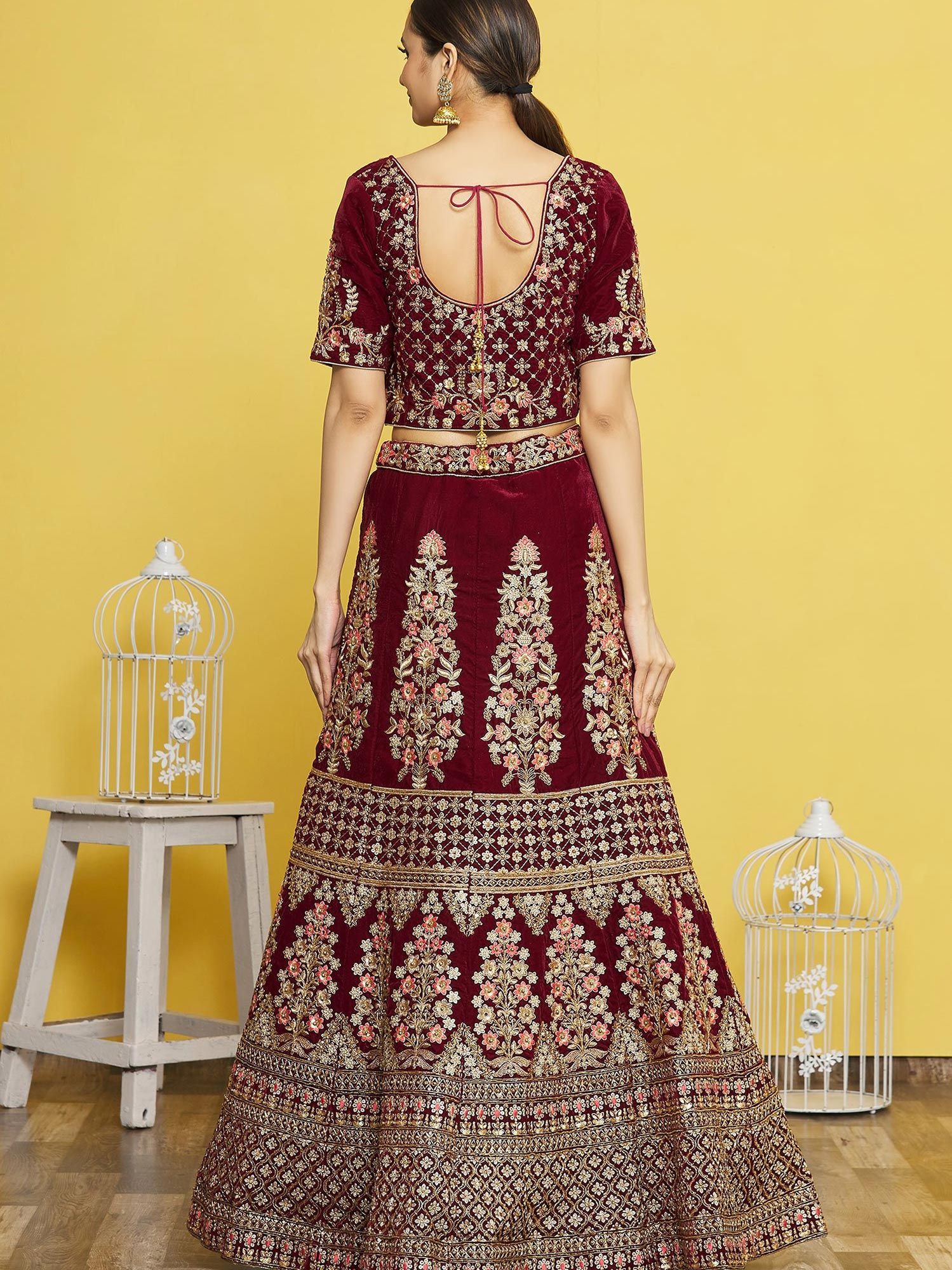 Red Zari Embroidered Bridal Lehenga In Velvet