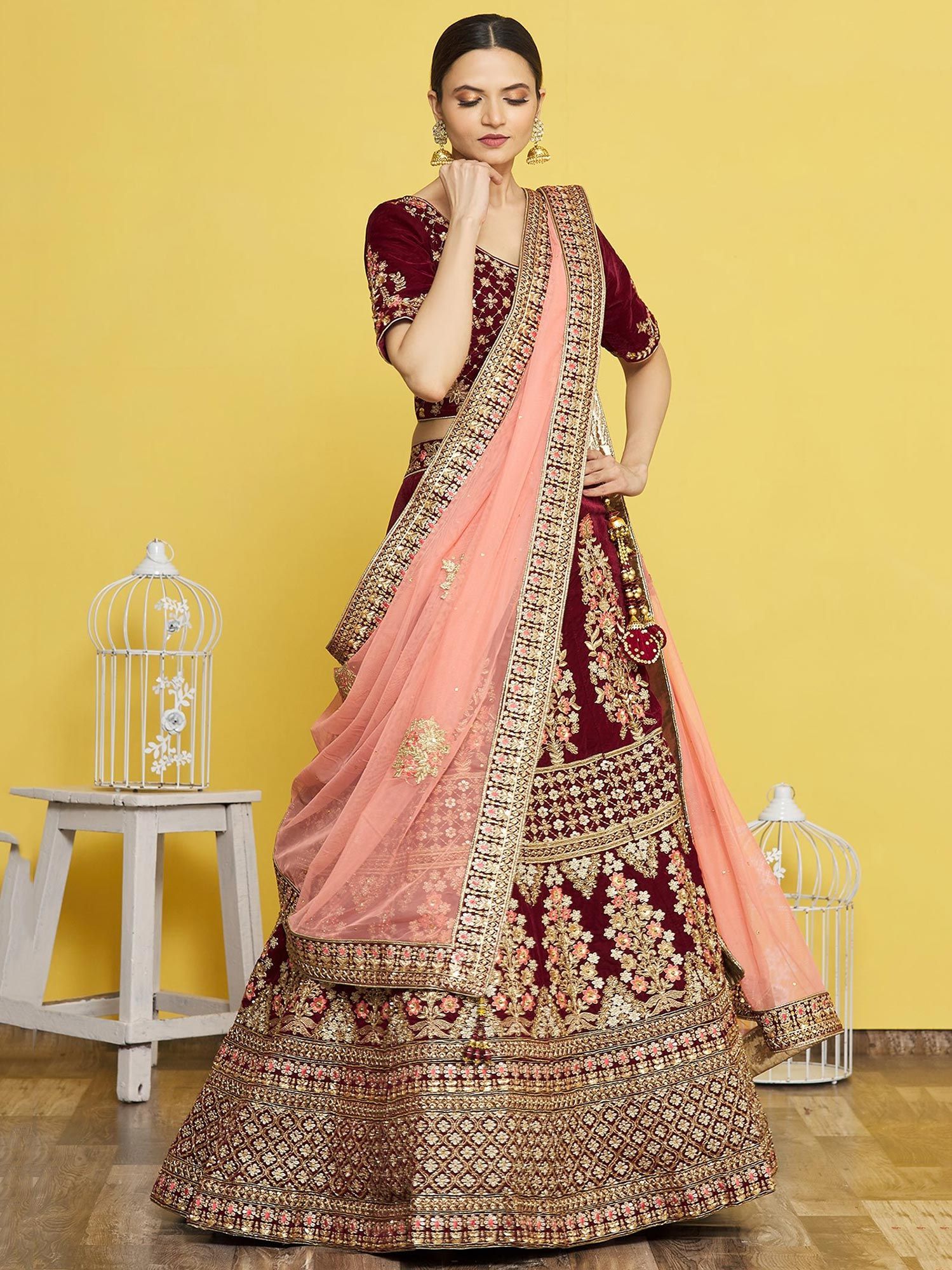 Red Zari Embroidered Bridal Lehenga In Velvet