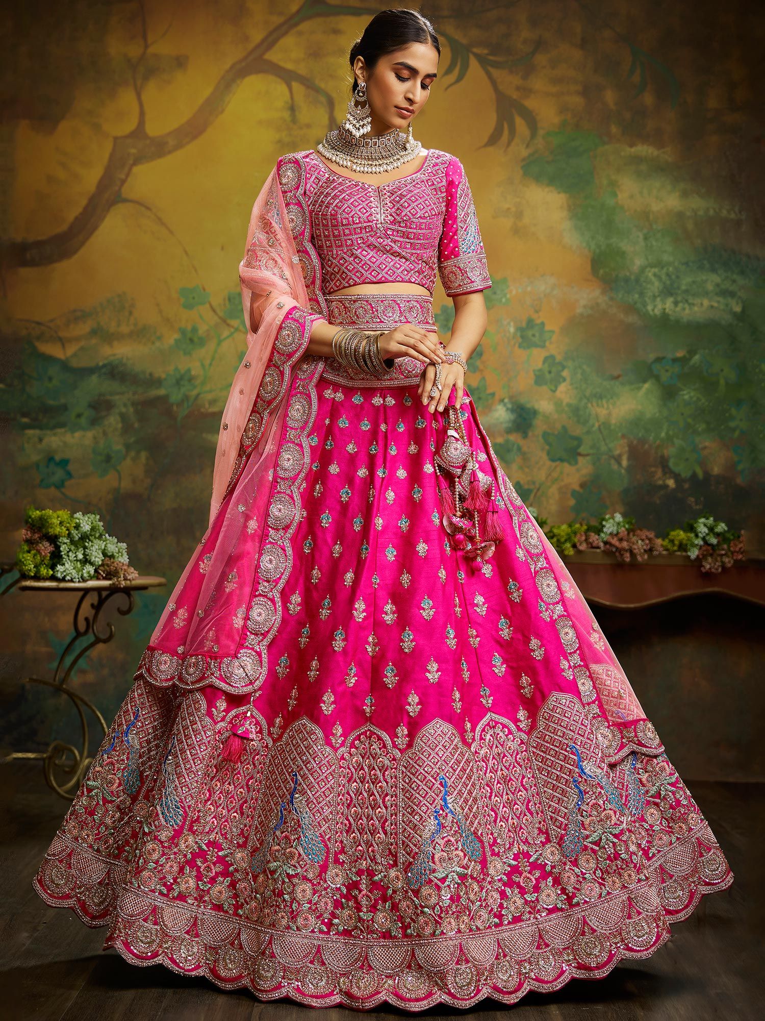 Sensational & Glamorous Diamond Studded Coral Lehenga Choli – Saris and  Things