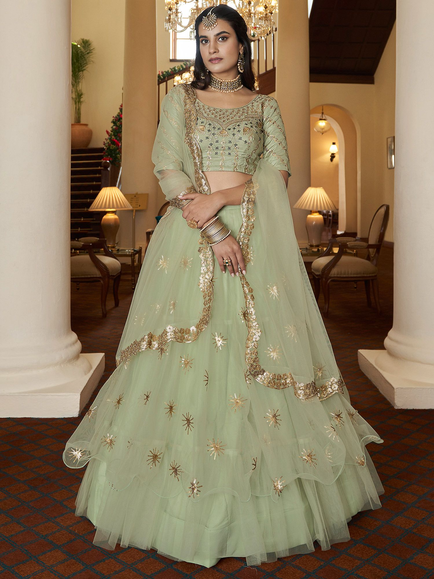 Buy Pista Green Net Wedding Wear Zarkan Work Lehenga Choli Online