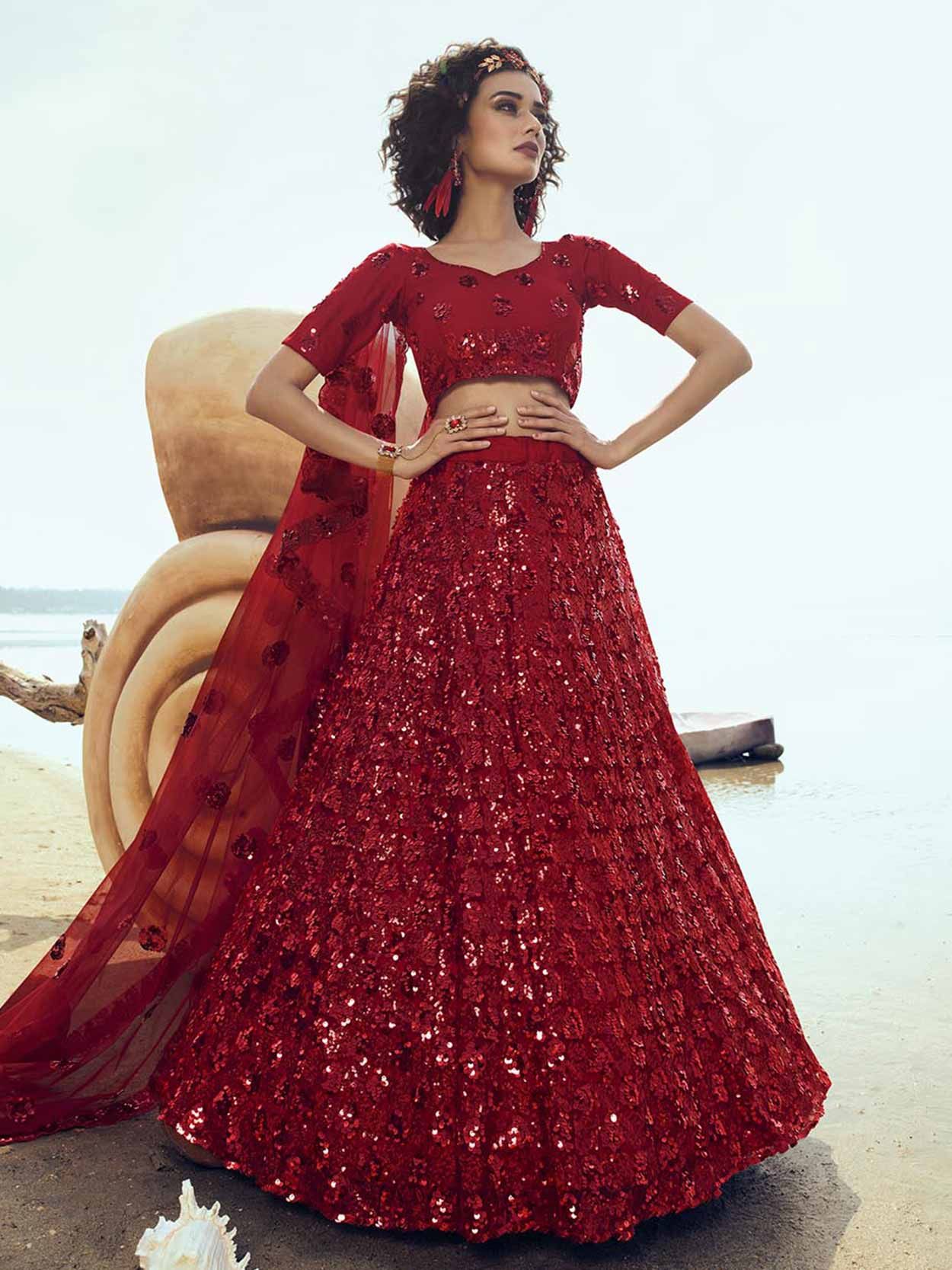 Bridal Lehengas in Blood Red Color of Zardozi Embroidered