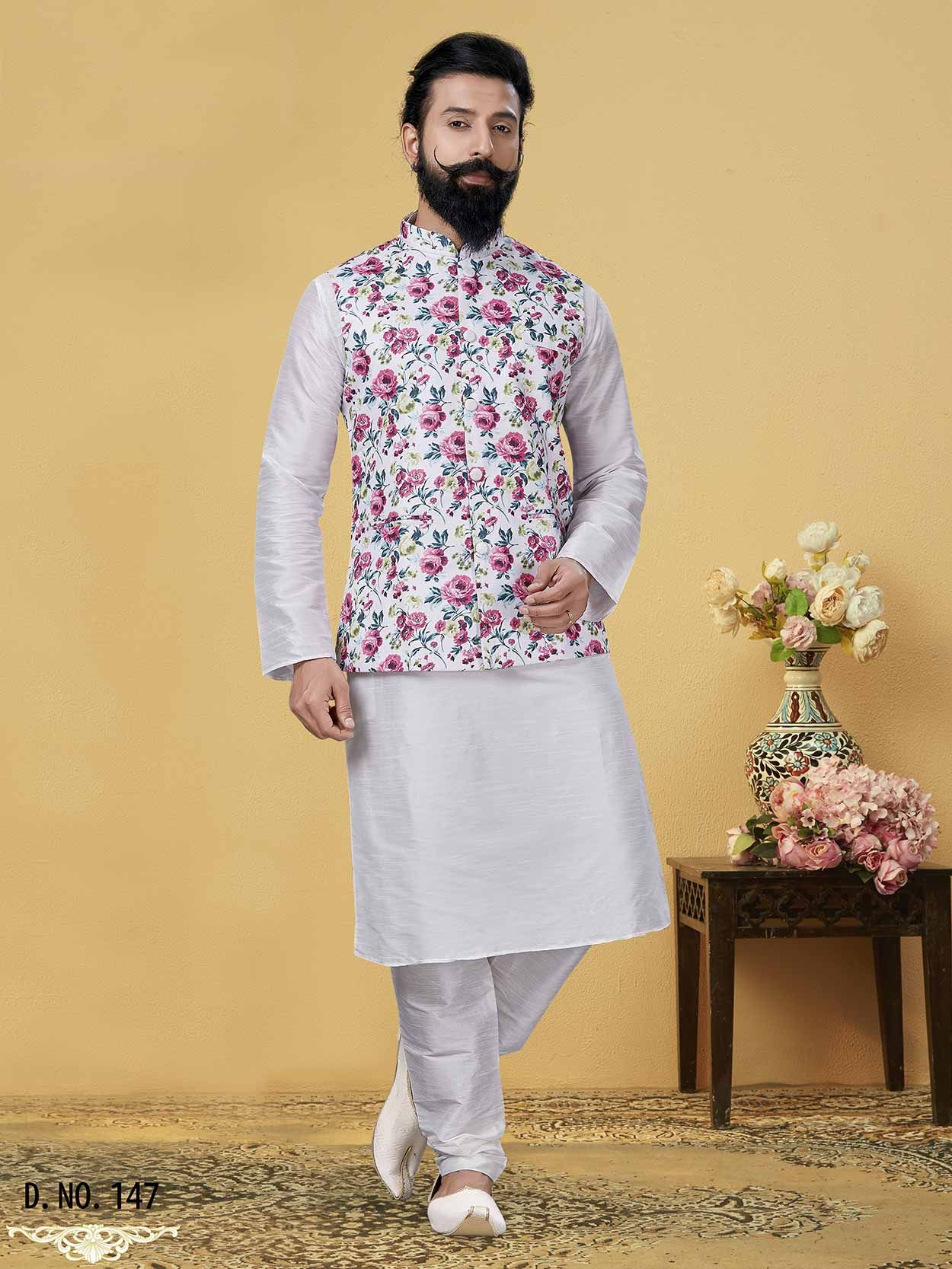 Green and white printed jacket with beige kurta and pyjama - set of three  by Desi Doree | The Secret Label