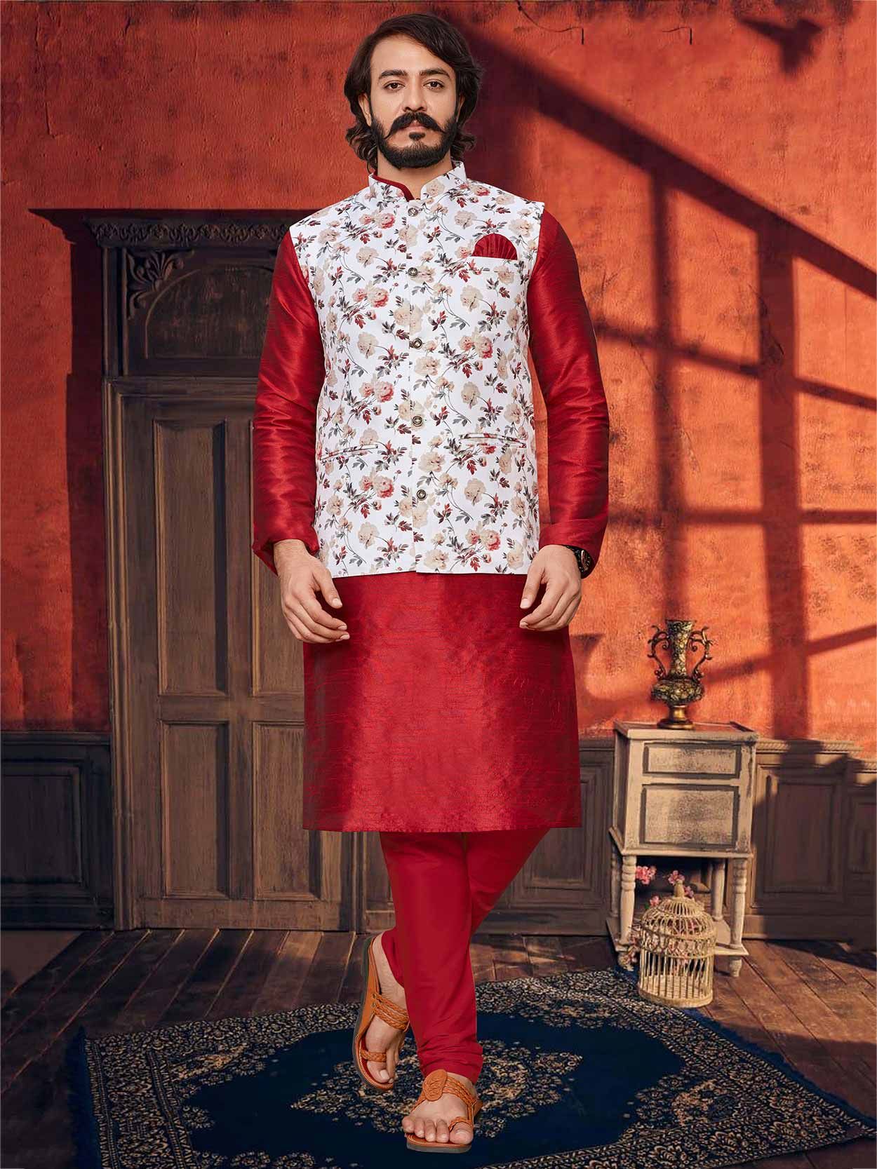 Red,Off White Colour Art Silk Kurta Pajama Jacket.