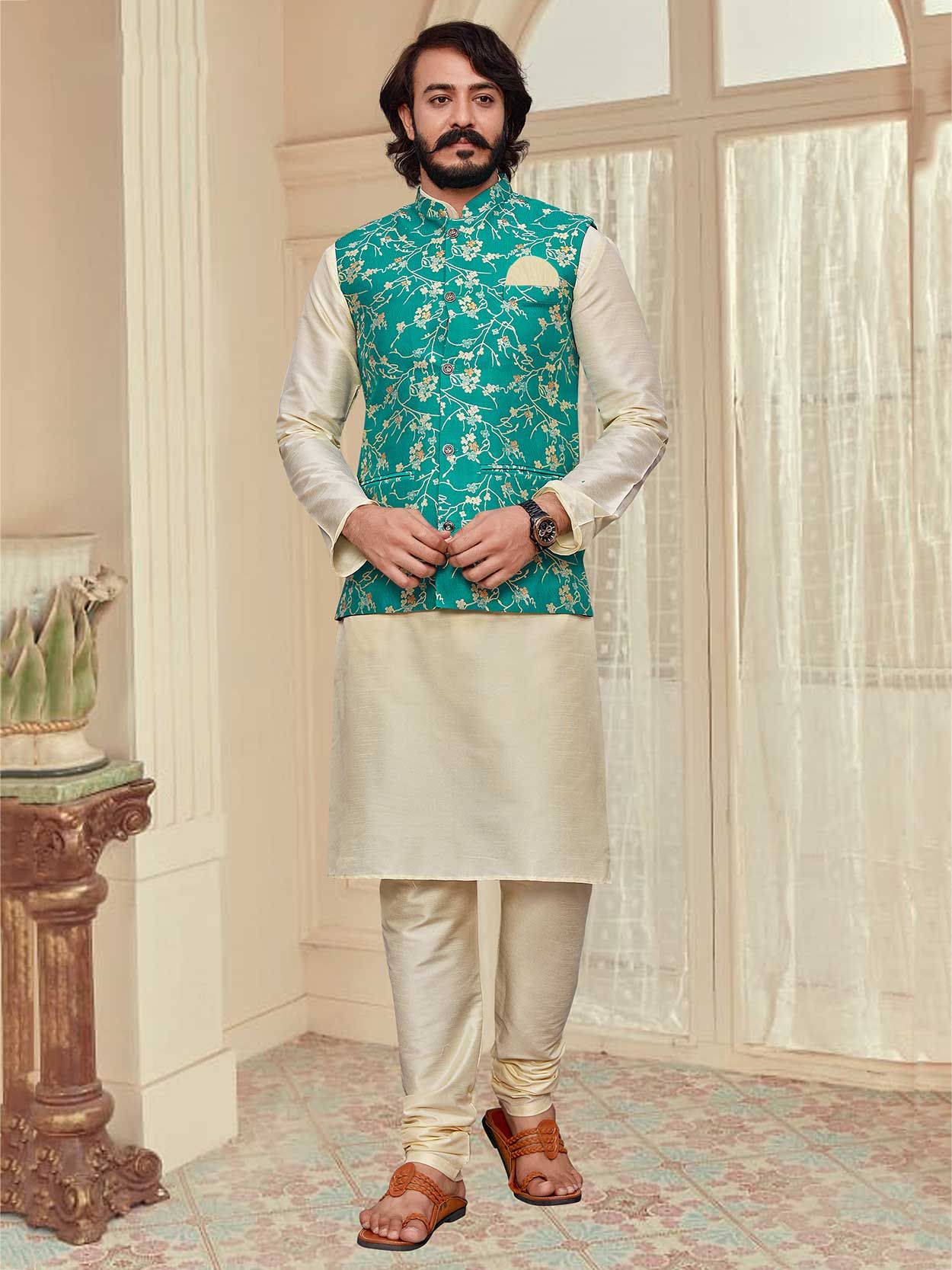 Cream,Green Colour Art Silk Fabric Readymade Kurta Pajama Jacket.