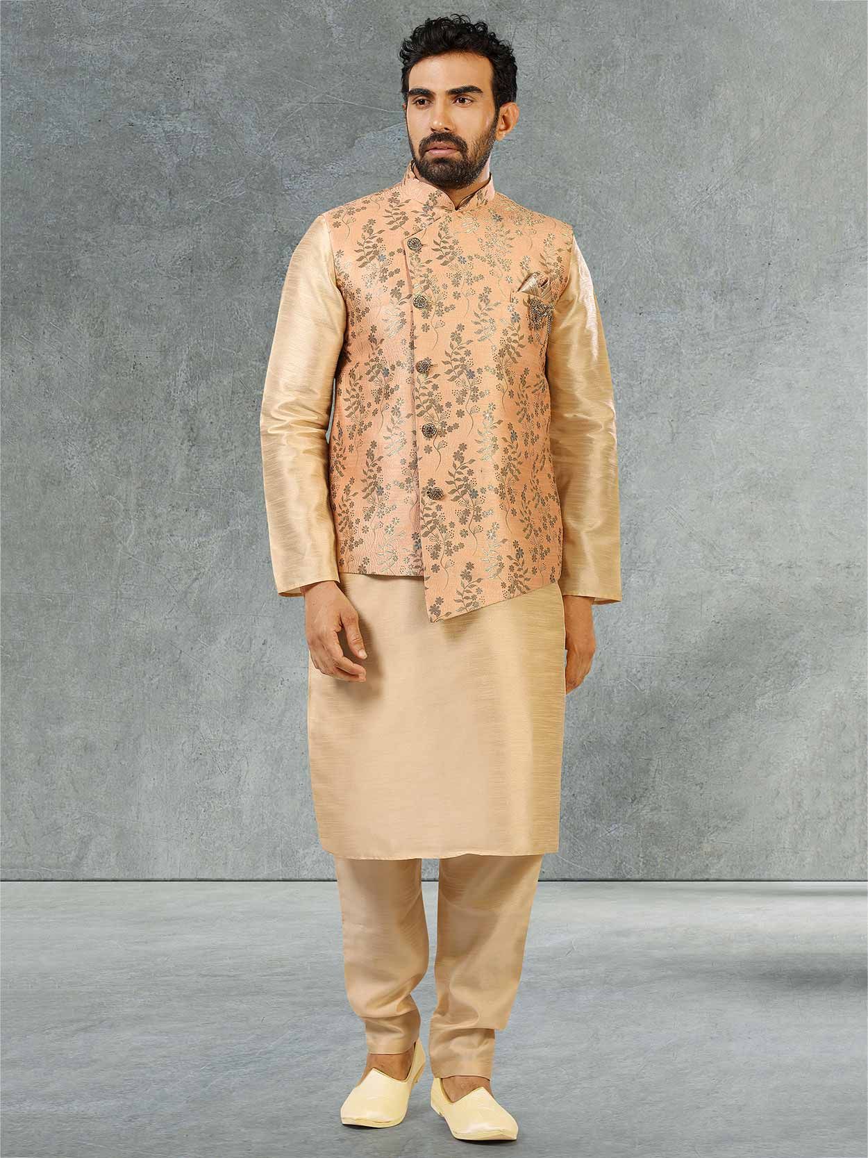 Buy Festival Wear Peach Jacquard Banarasi Silk Kurta Pajama With Jacket  Online From Surat Wholesale Shop.