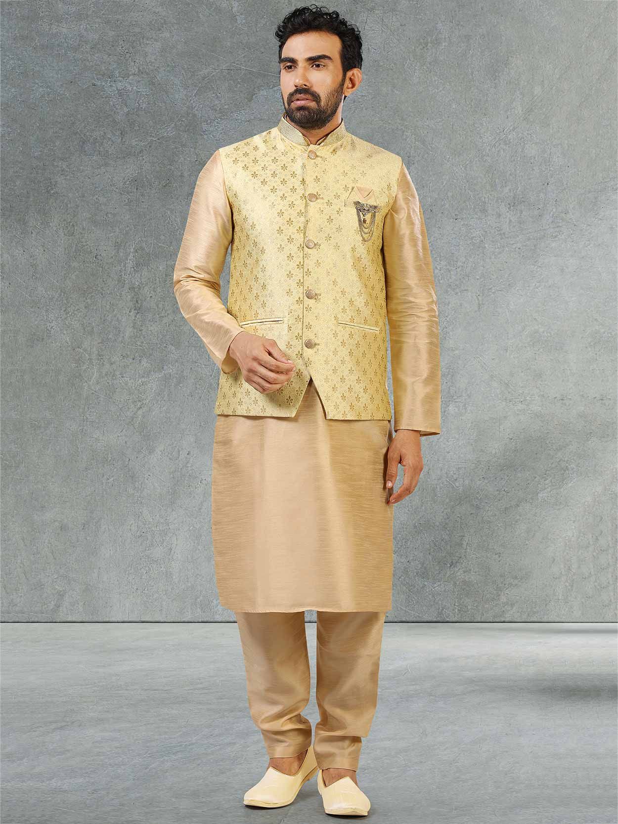 Men's Silk Blend Gold Kurta With Pyjama & Royal Blue Printed Nehru Jacket  at Rs 1607 | Silk Kurta Set, सिल्क कुर्ता पजामा, रेशम का कुर्ता पजामा -  Banjara, Prayagraj | ID: 2849568335755