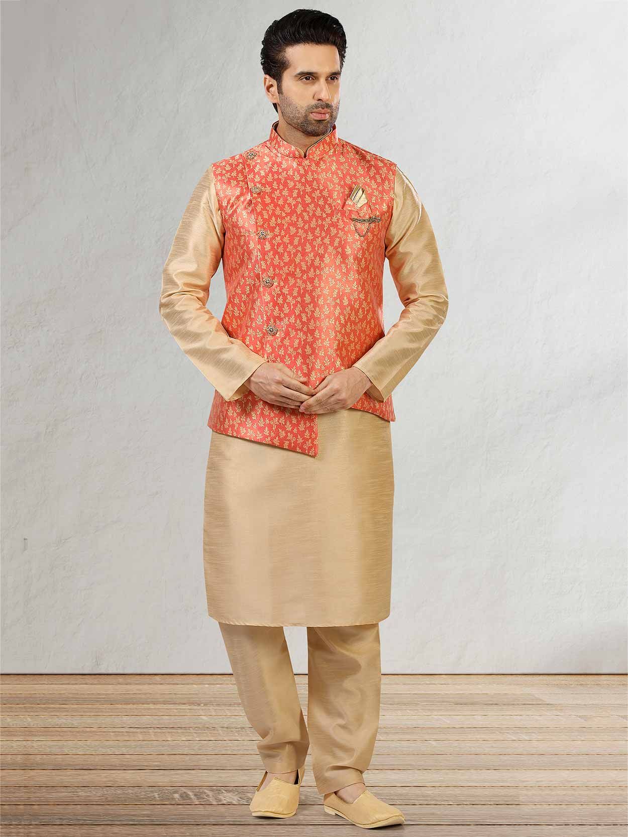 Brown Printed Bundi Jacket With Kurta Set