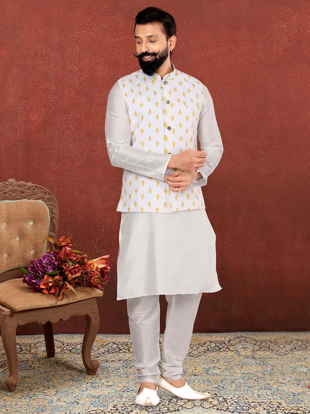 Off White Kurta Pajama With Embroidered Jacket