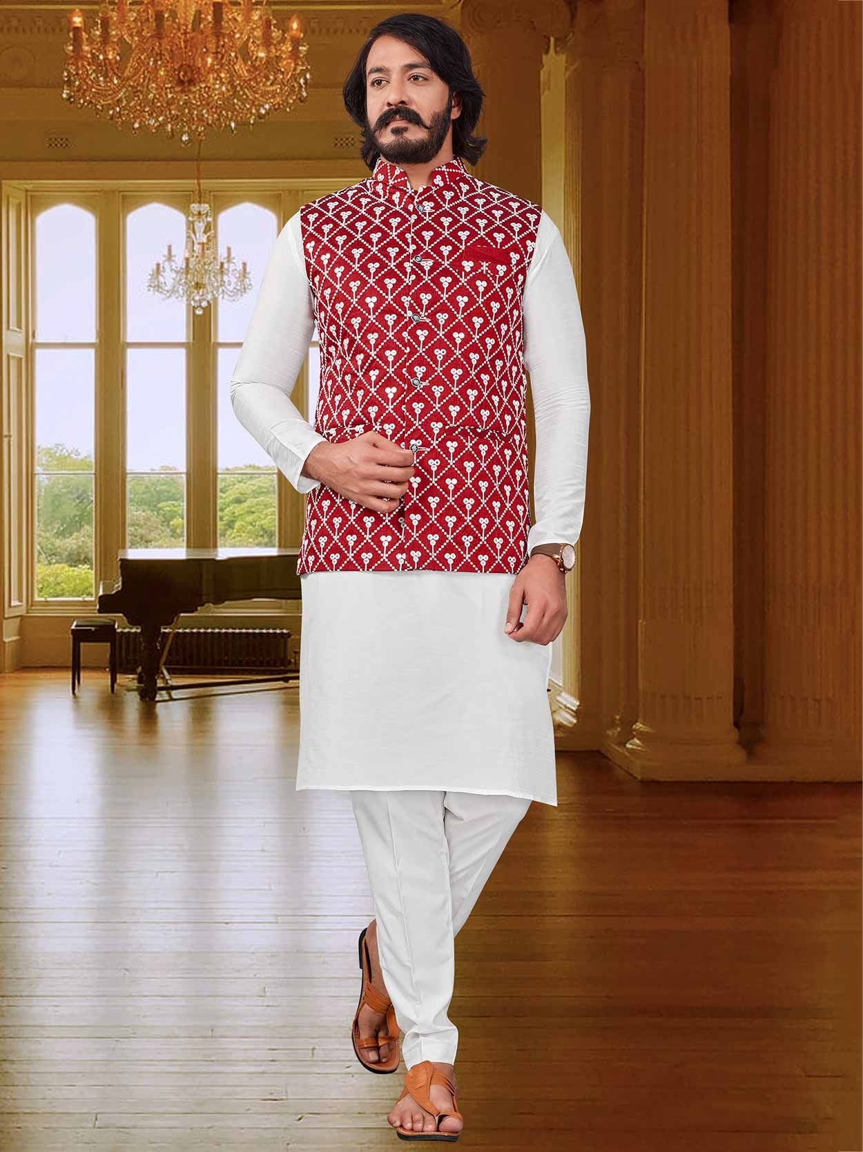 Readymade Red Kurta Pajama With Printed Nehru Jacket 721MW05