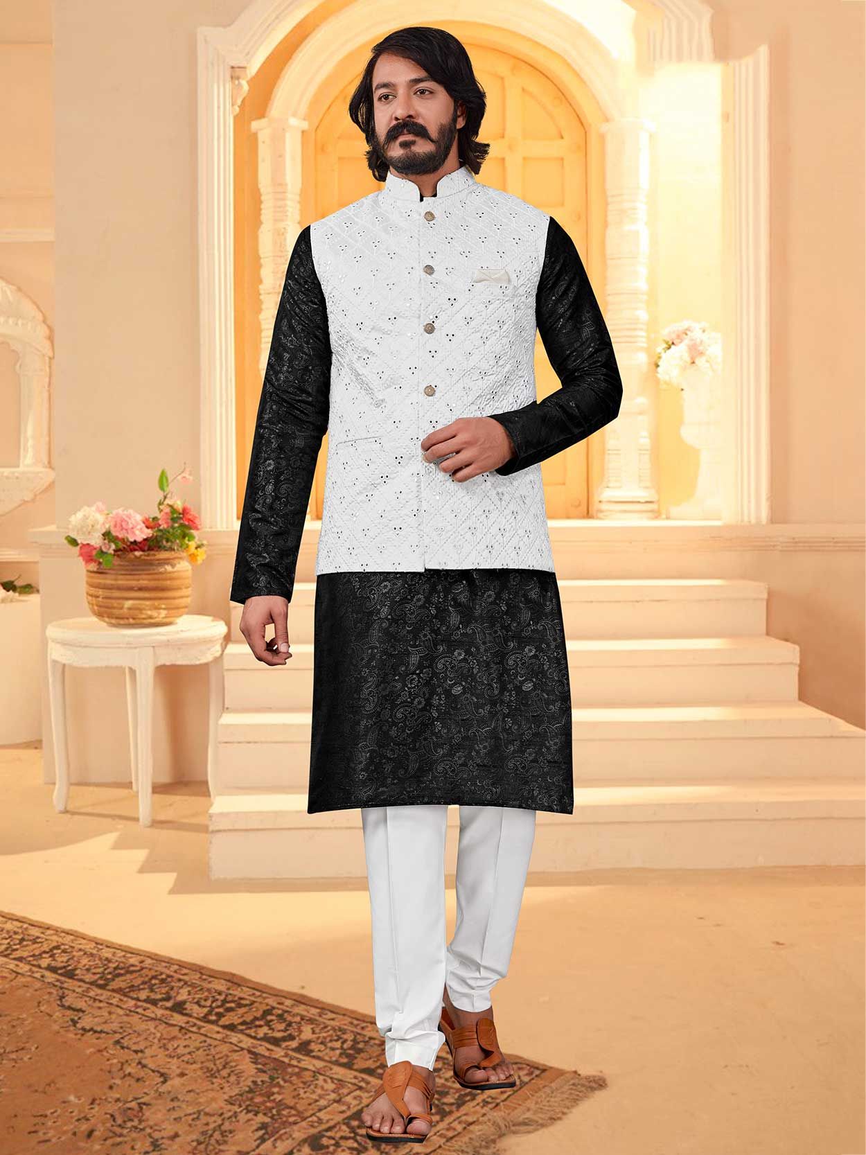 Buy Benstoke Mens Silk Black Kurta Pajama with Printed Nehru Jacket (Set of  3) online