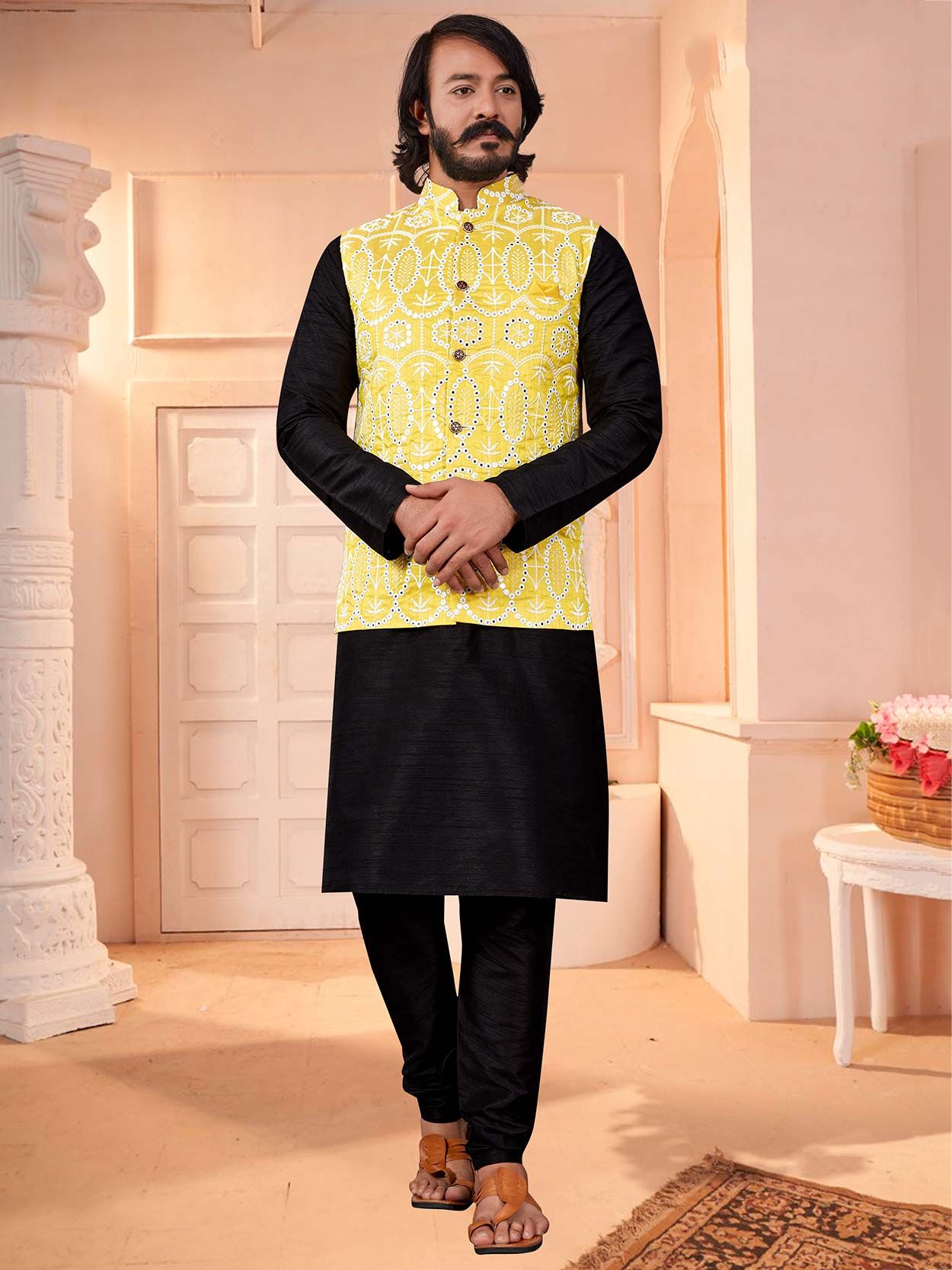 Yellow Kurta Pajama With Printed Jacket – Boutique Nepal