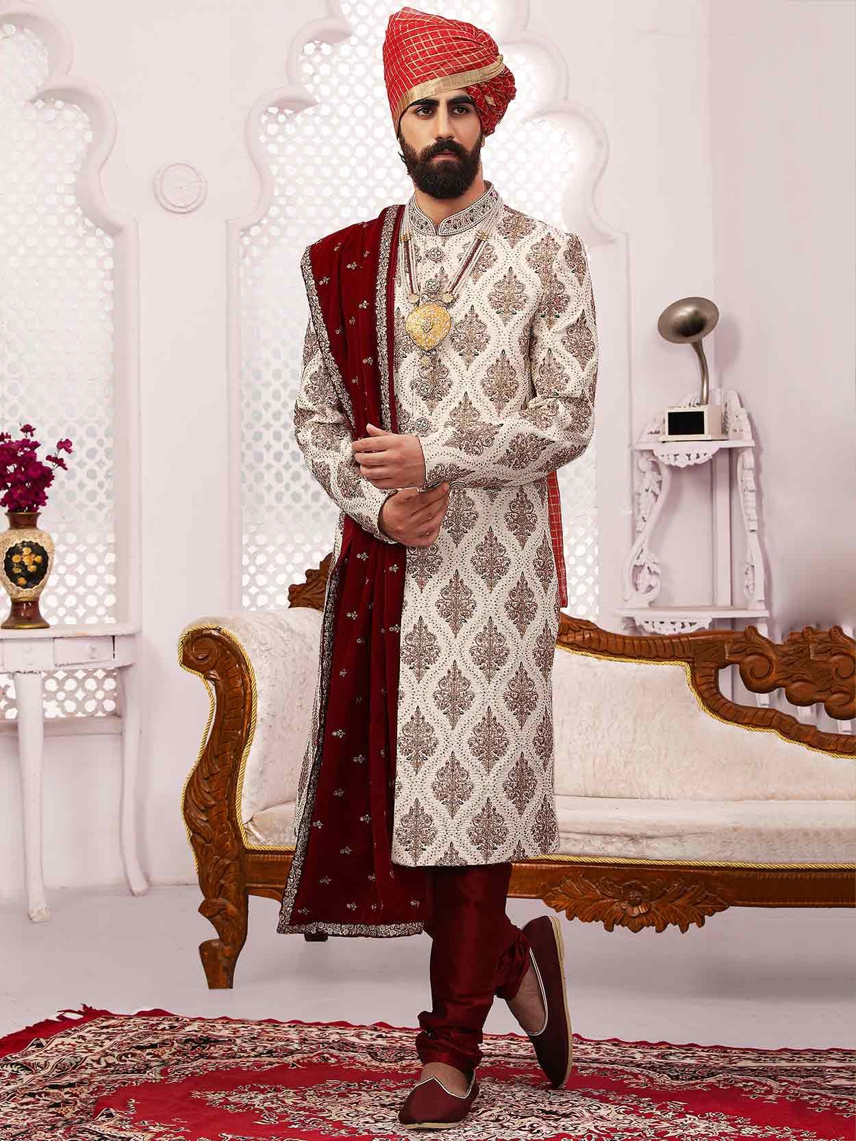 Cream Colour Banarasi Silk Fabric Designer Sherwani.