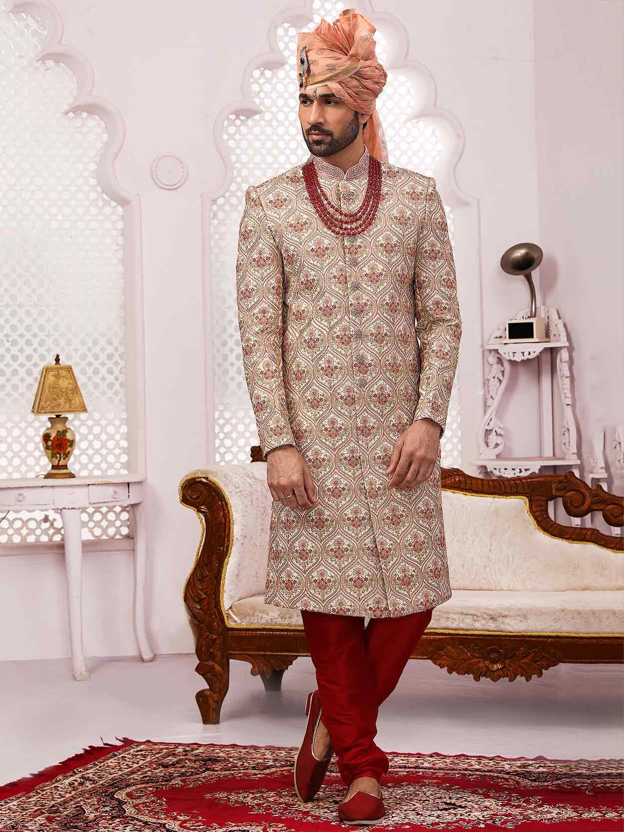 Cream Colour Indian Designer Sherwani in Art Banarasi Silk Fabric.