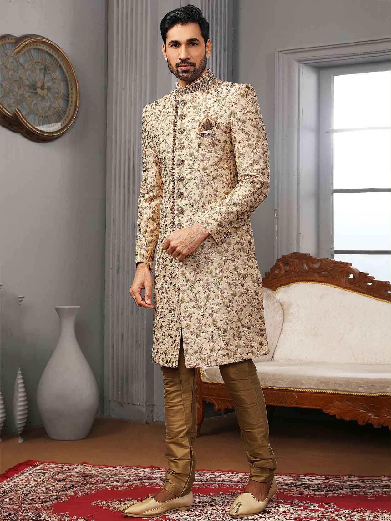 Banarasi Silk Fabric Indian Groom Sherwani Cream Colour.