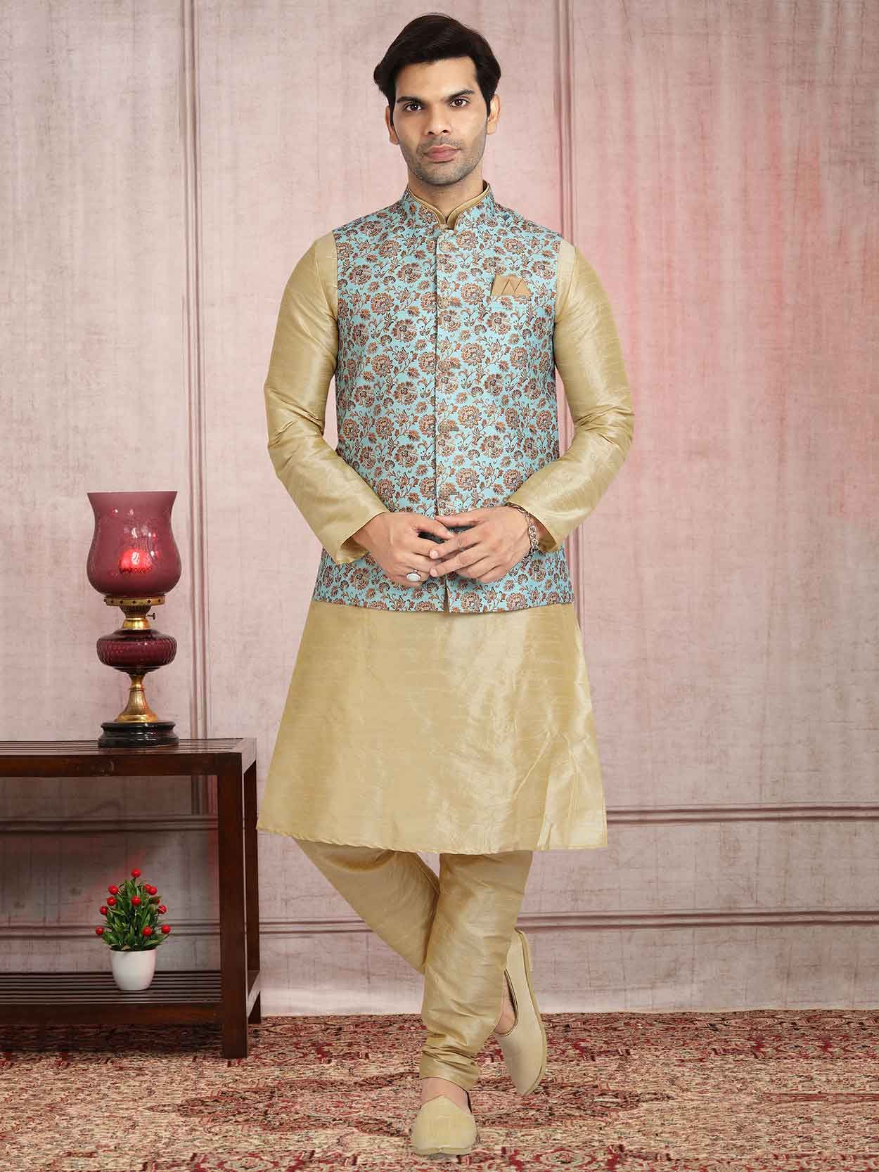 Golden And Blue Colour Outluk Vol 75 Latest Designer Festive Wear Kurta  Pajama With Jacket Collection 75014 - The Ethnic World