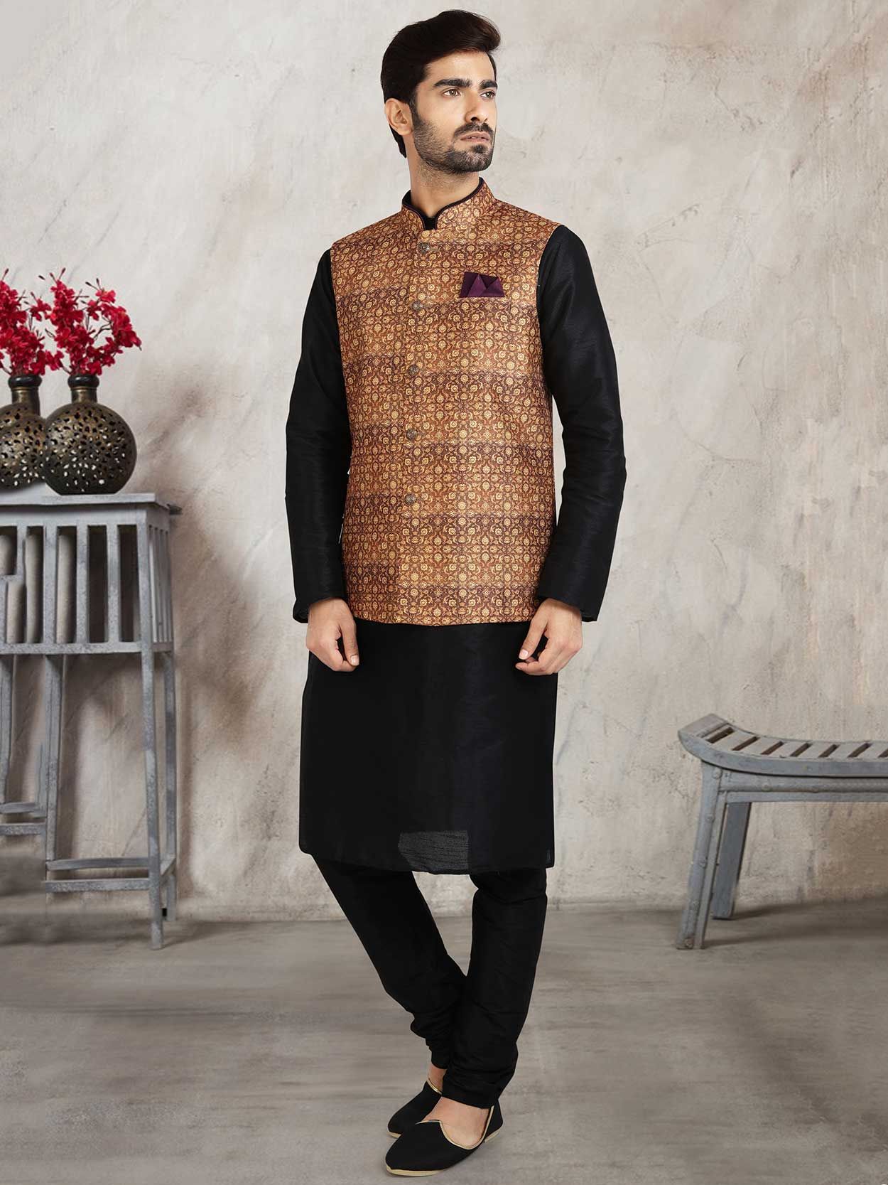 Beige,Black Colour Mens Kurta Pajama Jacket in Banarasi Silk Fabric.