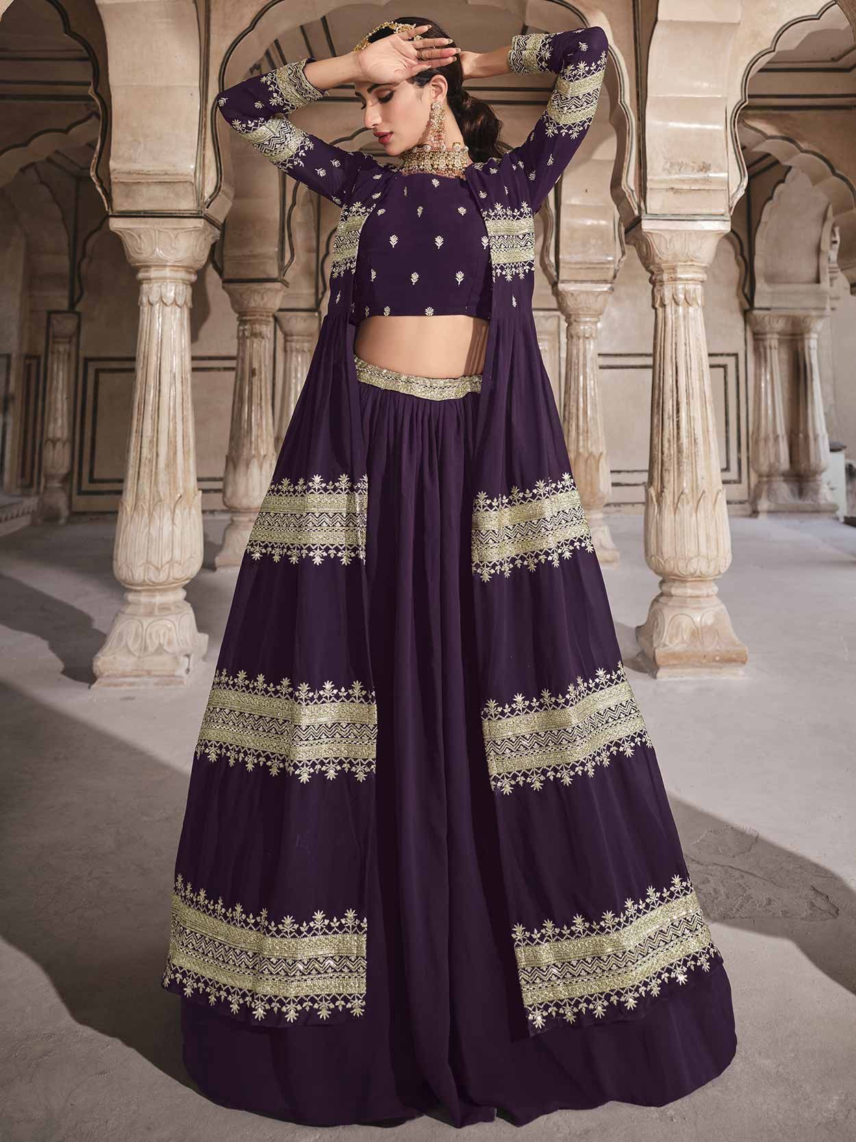 Buy Ujithra-Wine colour designer ready to wear wedding lehenga with zari  embroidery and long heavy embroided shrug by Prrathaa at Amazon.in