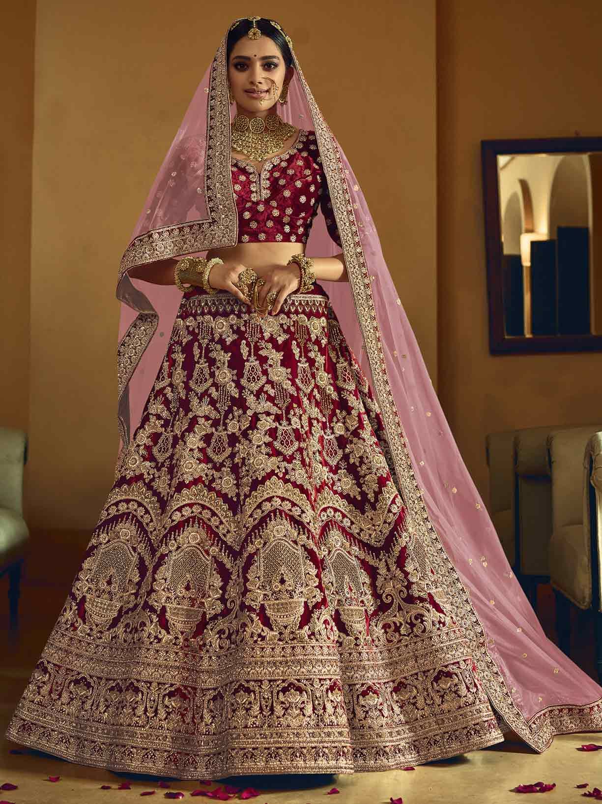 Buy Bridal Lehenga Choli - Beige Velvet Hand Embroidered Lehenga Choli –  Empress Clothing