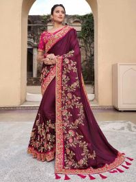 Wine Color Georgette Jacquard Fabric Wedding Wear Captivating Readymade  Saree