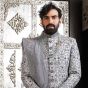 Grey Thread Embroidered Silk Sherwani For Men