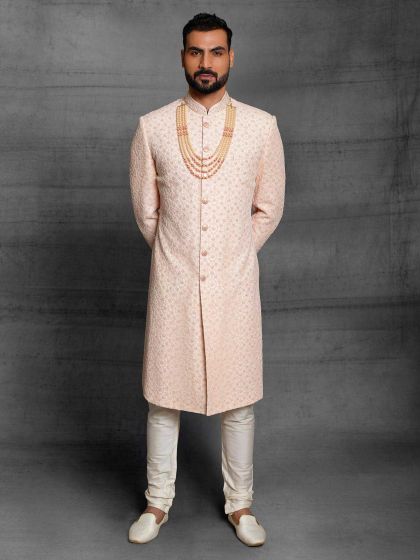 Peach Colour Silk Fabric Mens Designer Sherwani