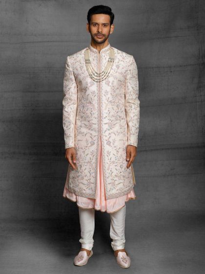 Cream,Peach Colour Silk Fabric Groom Sherwani.