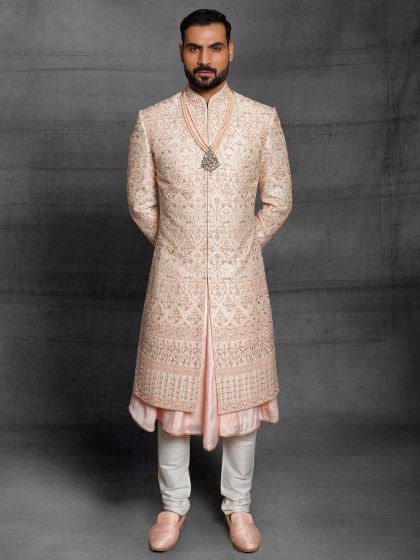 Silk Fabric Mens Sherwani Cream,Peach Colour in Thread,Hand Work.