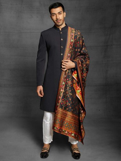 Black Colour Imported Fabric Mens Sherwani.