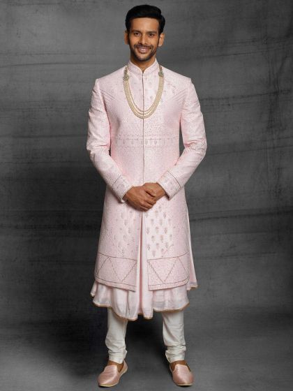 Pink Colour Silk Fabric Indian Groom Sherwani.