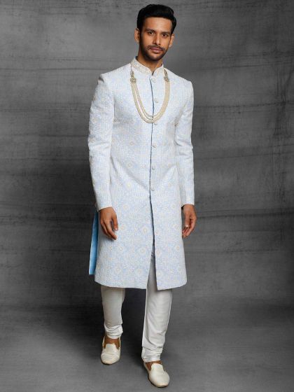 Sky Blue Colour Silk Fabric Mens Sherwani in Thread,Hand Work.