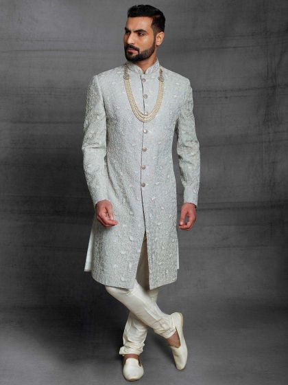 Silk Fabric Mens Sherwani Grey Colour.