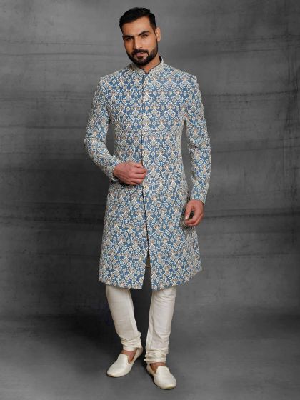 Navy Blue Colour Silk Fabric Mens Wedding Sherwani.