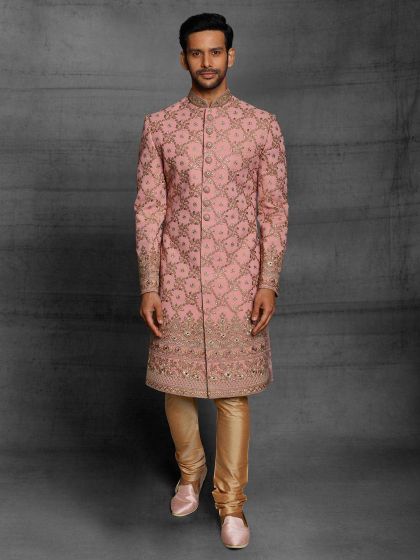 Pink Colour Silk Fabric Mens Sherwani in Thread,Hand Work.