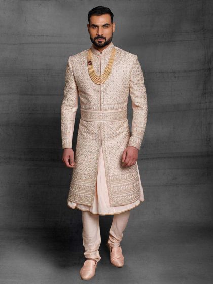 Peach Colour Silk Fabric Mens Sherwani.