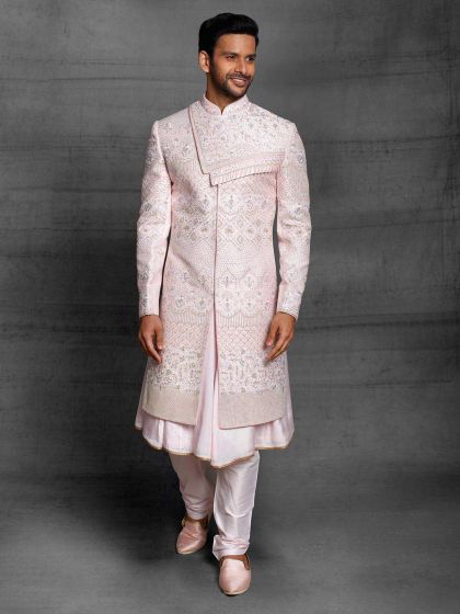 Baby Pink Colour Silk Fabric Mens Wedding Sherwani.