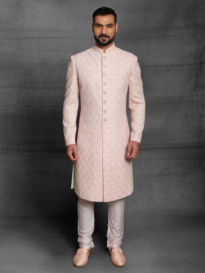 Silk Fabric Designer Sherwani Pink Colour.