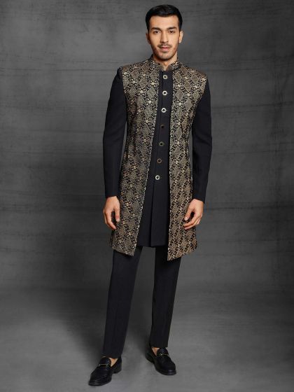 Black,Golden Colour Party Wear Indowestern in Imported Fabric.