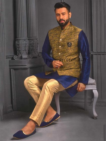 Golden,Blue Colour Imported Fabric Mens Kurta Pajama Jacket.