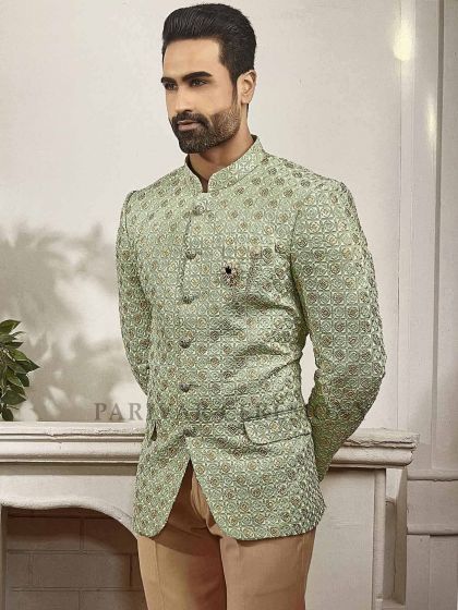 Pista Green Colour Imported Fabric Designer Wedding Suit.