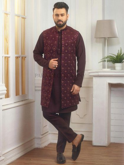 Wine Colour Imported Fabric Party Wear Kurta Jacket.