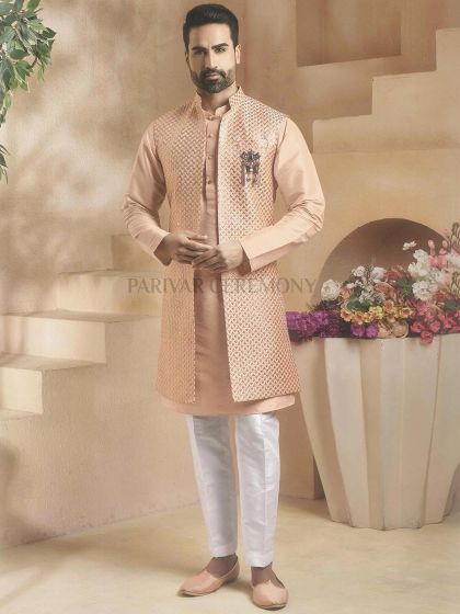 Peach Colour Designer Long Kurta Jacket in Imported Fabric.