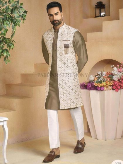 Cream,Brown Colour Imported Fabric Mens Kurta Jacket.