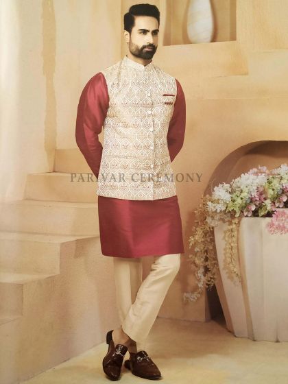 Cream,Maroon Colour Jacquard,Silk Fabric Mens Designer Kurta Jacket.