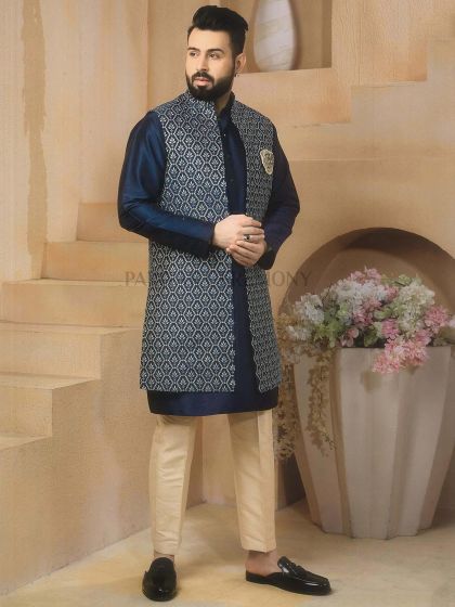 Blue Colour Designer Kurta Pajama Jacket in Imported Fabric.