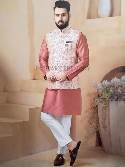 Cream,Peach Colour Jacquard,Silk Fabric Mens Kurta Pajama Jacket.