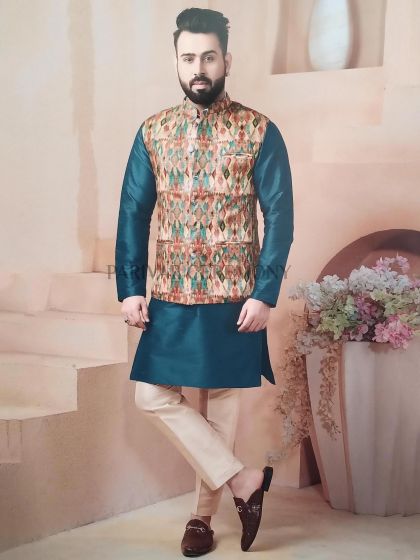 Rama Green,Multi Colour Readymade Kurta Pajama Jacket.