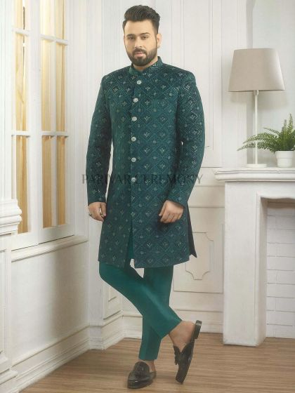 Green Colour Mens Designer Indowestern in Imported Fabric.